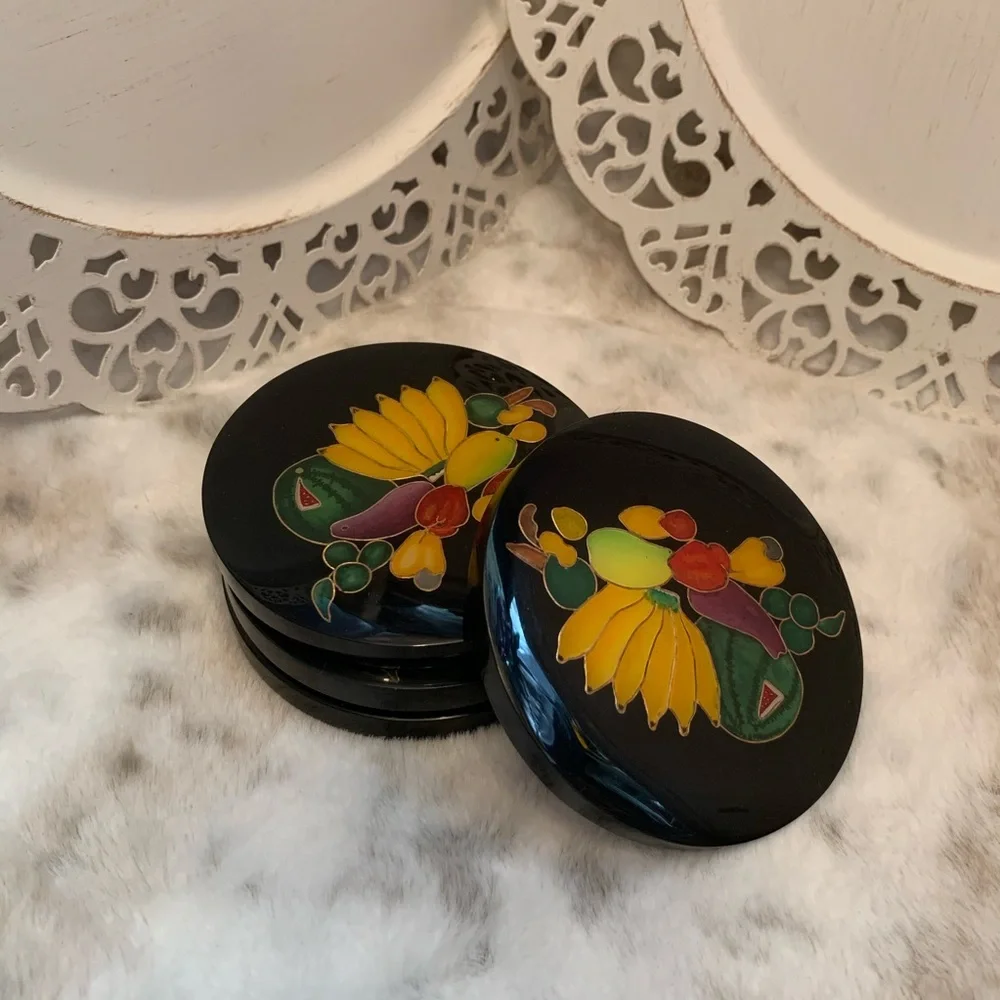 Set of 4 Coasters Black Lacquer and Gold Outlined Enameled Fruit Cloisonné Look